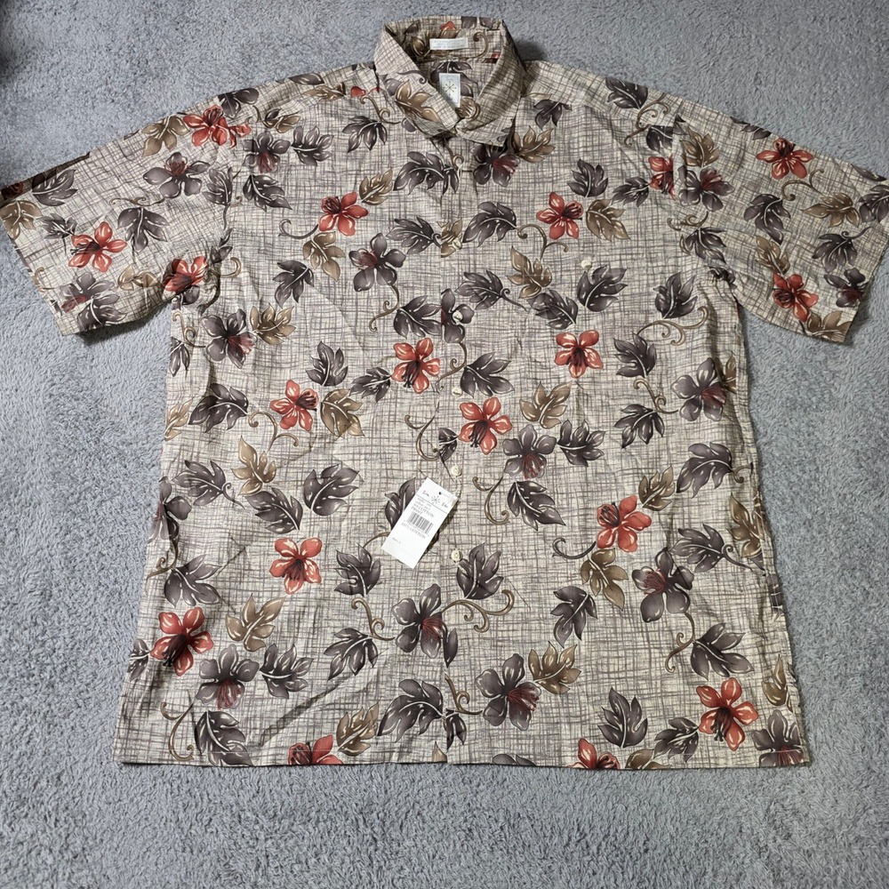 Burma Bibas‎ Mens L Button Down Shirt Tan Floral 60 Singles Cotton Lawn 7092